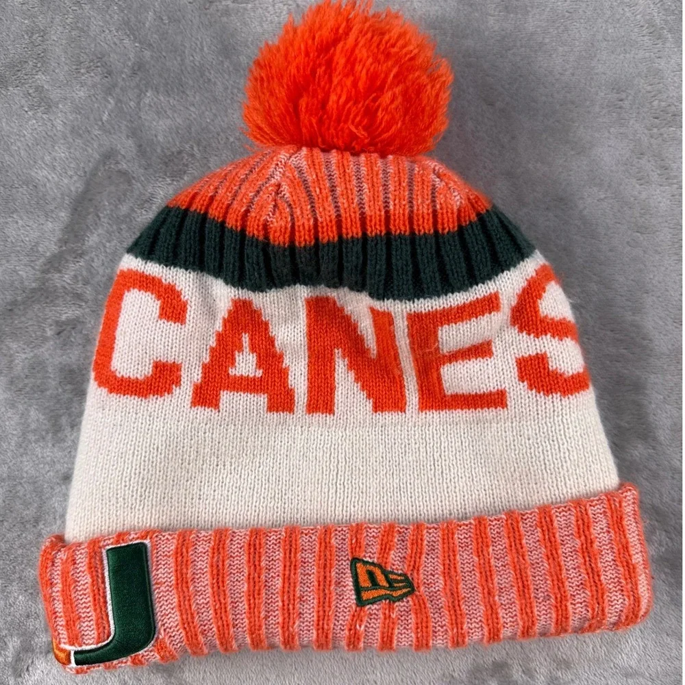 Miami Hurricanes Beanie New Era Unisex OSFM NCAA Football Orange White EUC